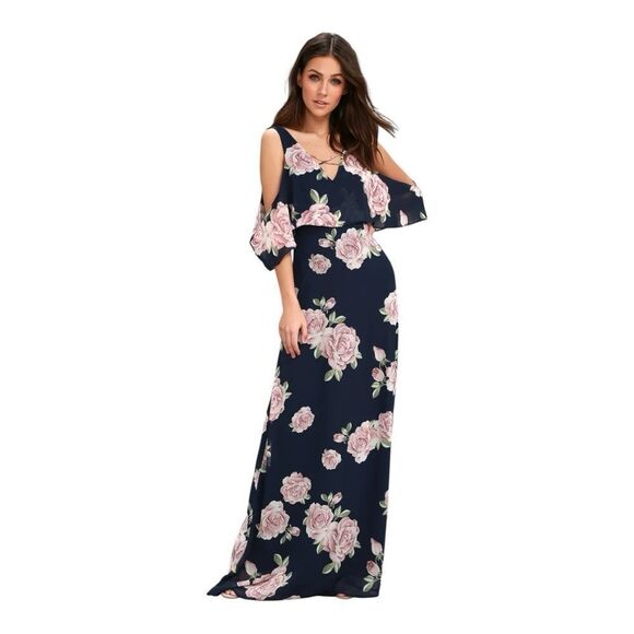 Lulus The Very Thought of You Feminine Navy Blue Floral Print Maxi Dress Medium - Picture 1 of 10
